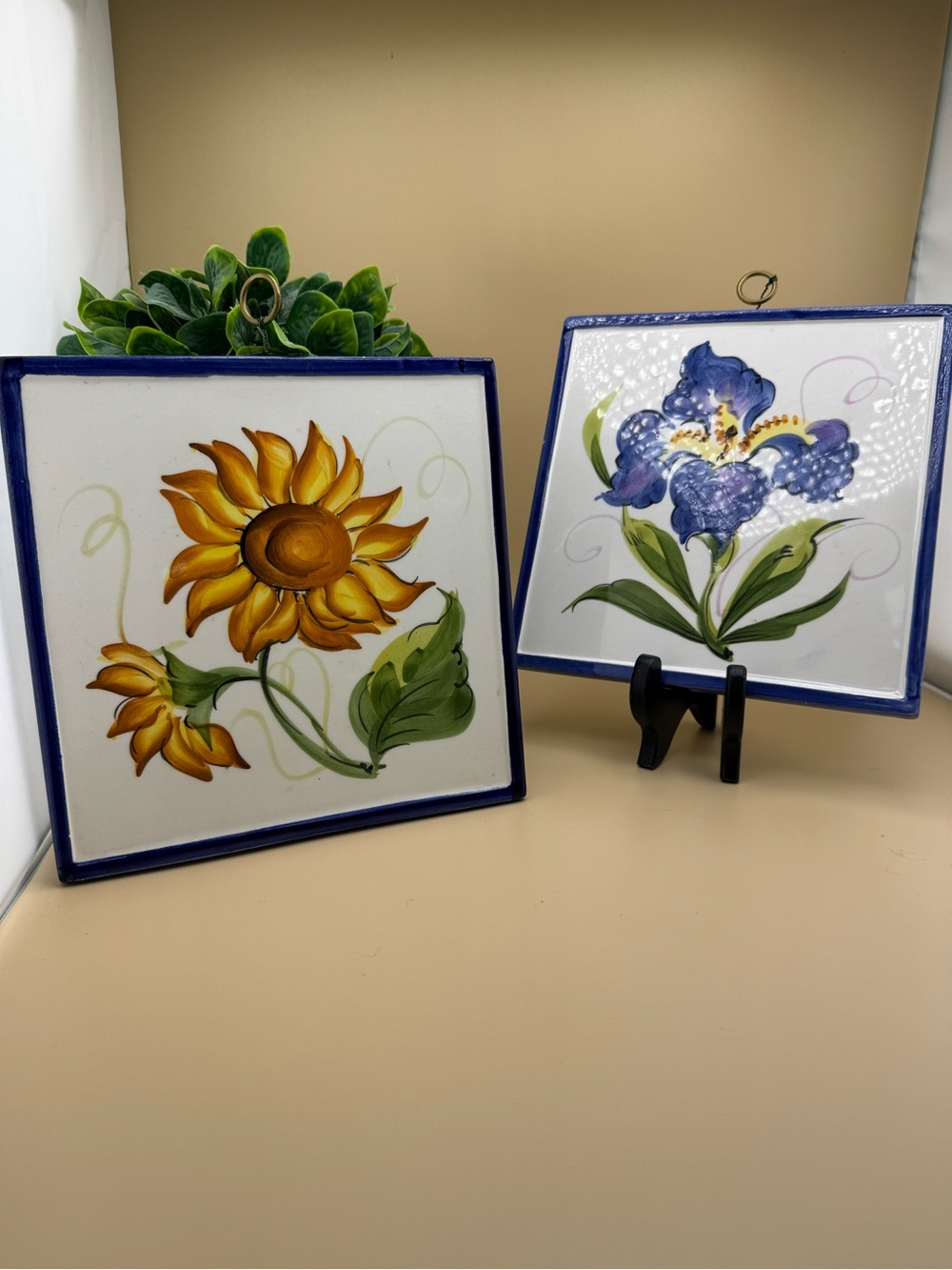 Bassano Italian hand painted tile trivet pair